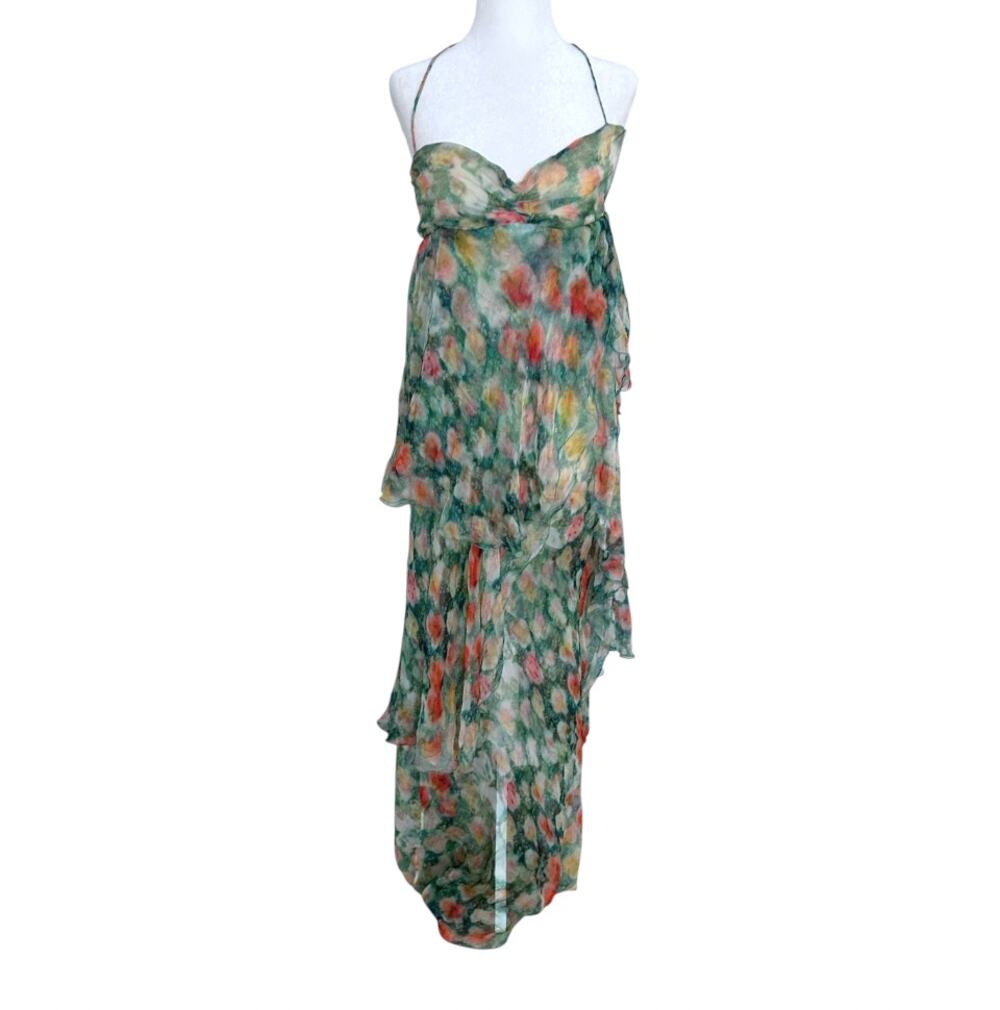 Patrizia Pepe Vintage Silk Chiffon Dress Babydoll Midi Overlay Ruffle Green XS
